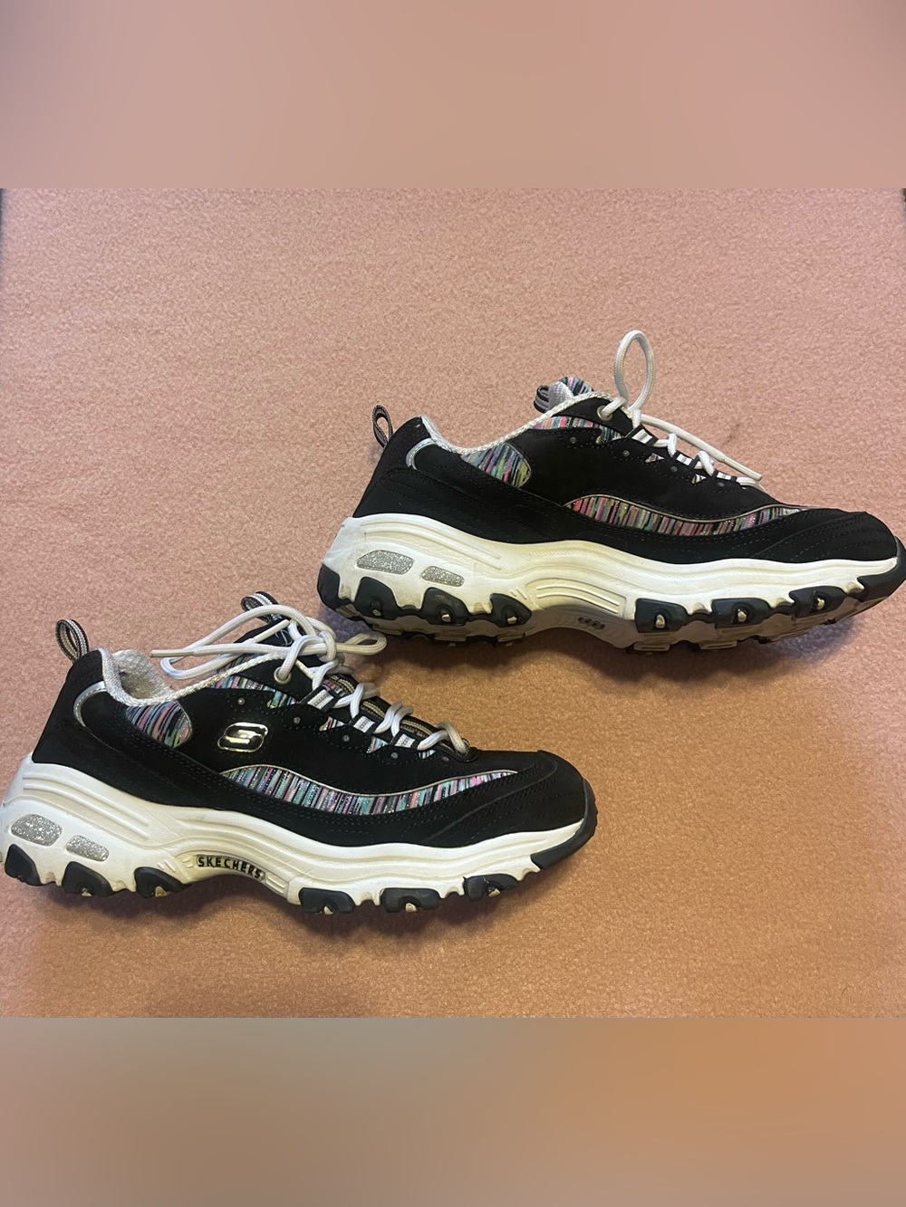 Vintage Y2K Skechers D’lite Black Women's Sneakers with Multicolor Stripe Detail